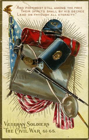 Postcard honoring American Civil War veterans, illustrated with military regalia.