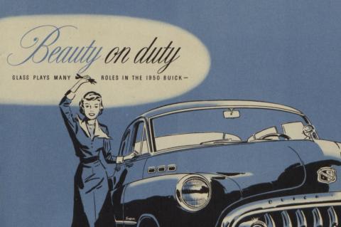 Blue and white catalog cover with woman and a 1950 Buick. The text reads "Beauty on duty," highlighting the various roles of glass in the vehicle.