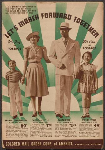 Cover of a catalog from Colored Mail Order Corp. of America with a Black family of four in fashionable clothing.