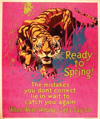 Colorful motivational poster about acknowledging mistakes featuring a tiger about to spring.