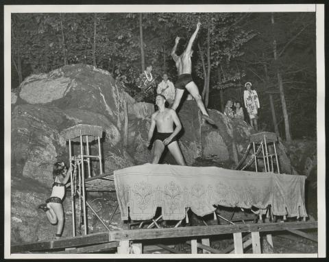 Poolside black and white photograph from a party at William Pahlmann's home in Bedford, New York