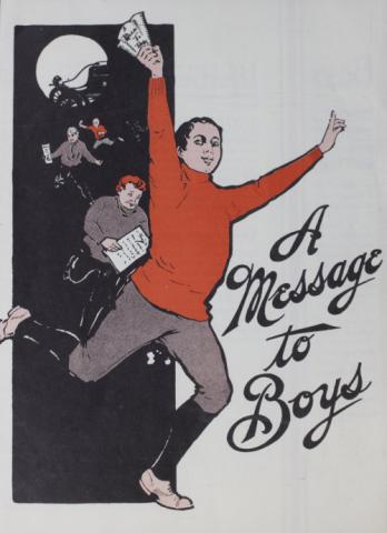 a group of boys running, paper in hand