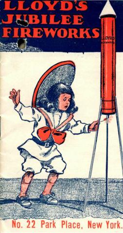 Cover of the 1910 catalog for Lloyd's Jubilee Fireworks, featuring a child setting off a rocket.
