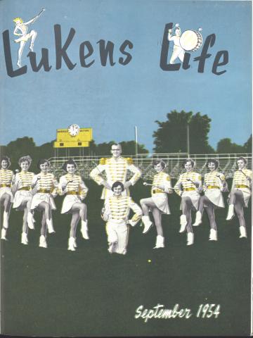 Cover of a 1954 issue of Lukens Life featuring majorettes and drum major of the Scott High School band