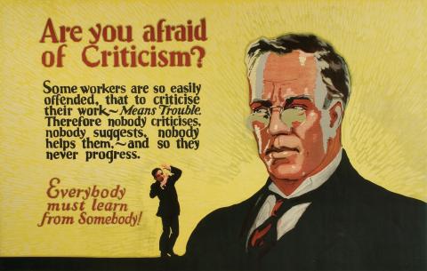 Workplace poster with the title 'Are you afraid of criticism?'. Additional text ncourages workers to embrace professional criticism.