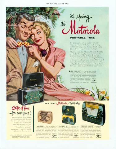 Advertisement for portable radios; illustrations of four radios and a man and woman.