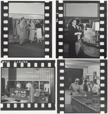 Four filmstrip style images showing different women shoplifting from a department store.