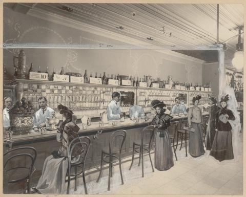 Photograph collage of a soda counter at Strawbridge & Clothier's, ca. 1898.