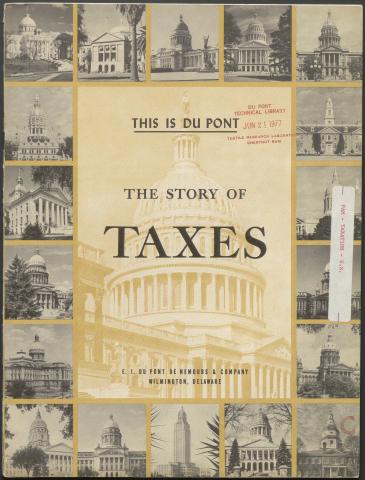 A booklet cover showcasing various government buildings, titled "THE STORY OF TAXES"