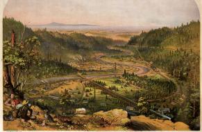 Lithograph showing a color view of the California Powder Works as seen from a nearby hilltop.