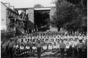 Black and white group photo of the "Tippencanoe" Harrison and Morton Club of Du Pont's Banks
