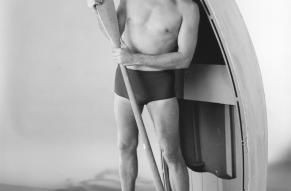 Black and white fashion photograph advertising 1960s era Ban-Lon swim trunks