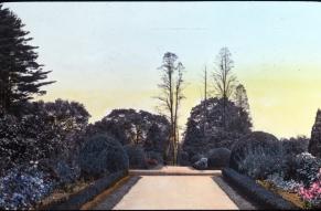 Hand-colored lantern slide showing a garden pathway at the Upper Gardens at Longwood.