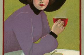 Advertisement featuring an illustration of a woman drinking coffee.