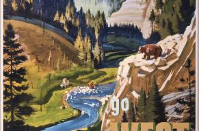 Scenic color illustration of a Western landscape with the text "go WEST by Train" and PRR branding. 