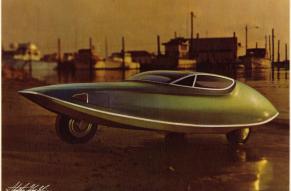 Design drawing of a futuristic, green amphibious car.