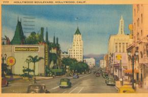 Colorized postcard of Hollywood Boulevard, California.