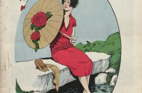 Wanamaker catalog cover for summer 1925 showing illustration of a woman with a parasol and red dress sitting barefoot on a small stone bridge