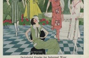 Page of a 1925 department store catalog featuring illustrations of women's summer dresses.