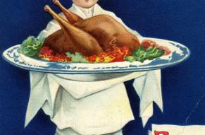 Postcard will illustration of a child dressed as a chef carrying a large platter of turkey.