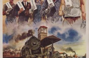 Color poster with illustrations of a railroad station and railroad workers holding ballots.