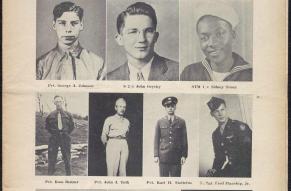 Cover of 'Lukens Plate' newsletter. Memorial Day issue with black and white photographs of employees in the military.