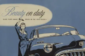 Blue and white catalog cover with woman and a 1950 Buick. The text reads "Beauty on duty," highlighting the various roles of glass in the vehicle.