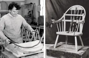 A black-and-white, split image. On the left, a man inspects a chair arm. On the right, the finished wooden Shaker-style chair is displayed on a platform.