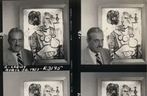 Series of eight black and white photos of Raymond Lowey posing with Picasso gemmaux