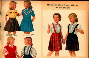 Five sets of girls in twin outfits advertising back to school clothes.