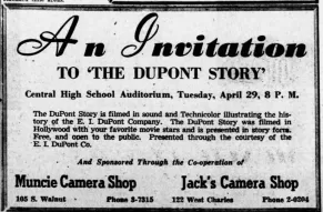 April 27 1952 ad from the Muncie Star Press inviting people to attend a showing of "The DuPont Story"