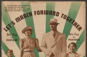 Cover of a catalog from Colored Mail Order Corp. of America with a Black family of four in fashionable clothing.