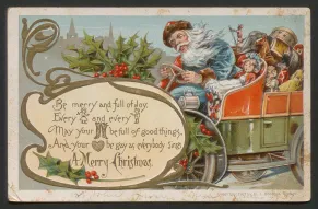 Christmas postcard illustrating Santa Claus driving a car filled with toys.