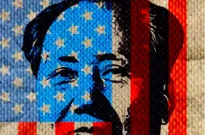 Chairman Mao superimposed over the American flag. 