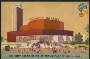 An illustration depicts the Wonder Bakery building at the Chicago World's Fair, with a crowd of people, "Wonder Bakery" signage, and three balloons advertising "Wonder Bread".
