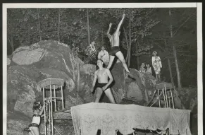 Poolside black and white photograph from a party at William Pahlmann's home in Bedford, New York