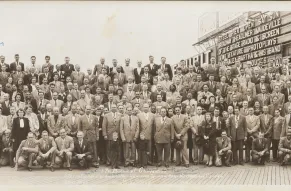 Cropped image from a panoramic photograph of the attendees of the  Convention of the International Fur and Leather Workers Union