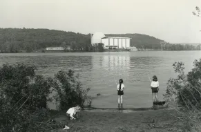 Black and white image of a nuclear power plant