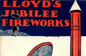 Cover of the 1910 catalog for Lloyd's Jubilee Fireworks, featuring a child setting off a rocket.