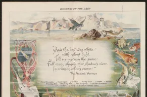 Illustration of various sea creatures arranged around a quote from The Ancient Mariner.