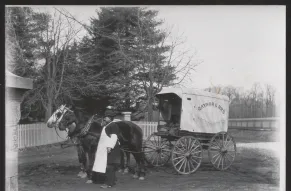 A man in an apron stands by a horse-drawn delivery wagon labeled "RAYNOR & BRO." 