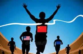 An image of runners in a race representing different countries. The figures are black outlines with flags on their chests. China is beating the United States.
