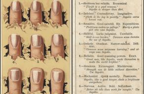 Trade card with illustrations of fingernails and text about the meaning of each nail shape.