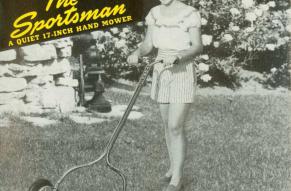 Black and white photograph of a woman using a hand mower, which text identifies as "The Sportsman".