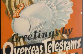 Poster features a large gray turkey in front of corn stalks on a red background. Poster text in black and white. 