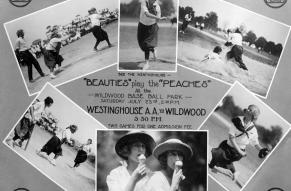 Photocollage advertising a women's baseball game played by employees of the Westinghouse company.