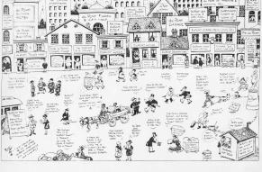 Cartoon depicting a Wilmington street full of people and businesses bearing the DuPont name.