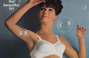 Ad for Lovable Company bras. Photo of a woman in a cone-style bra, surrounded by bubbles.