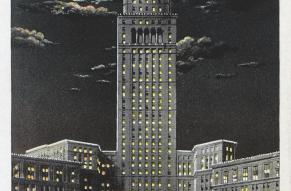Postcard with a color illustration of the Union Railroad Terminal building at night. 