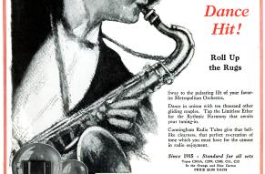 Ad for Cunningham Radio Tubes advertisement with an illustration of a man playing saxophone.